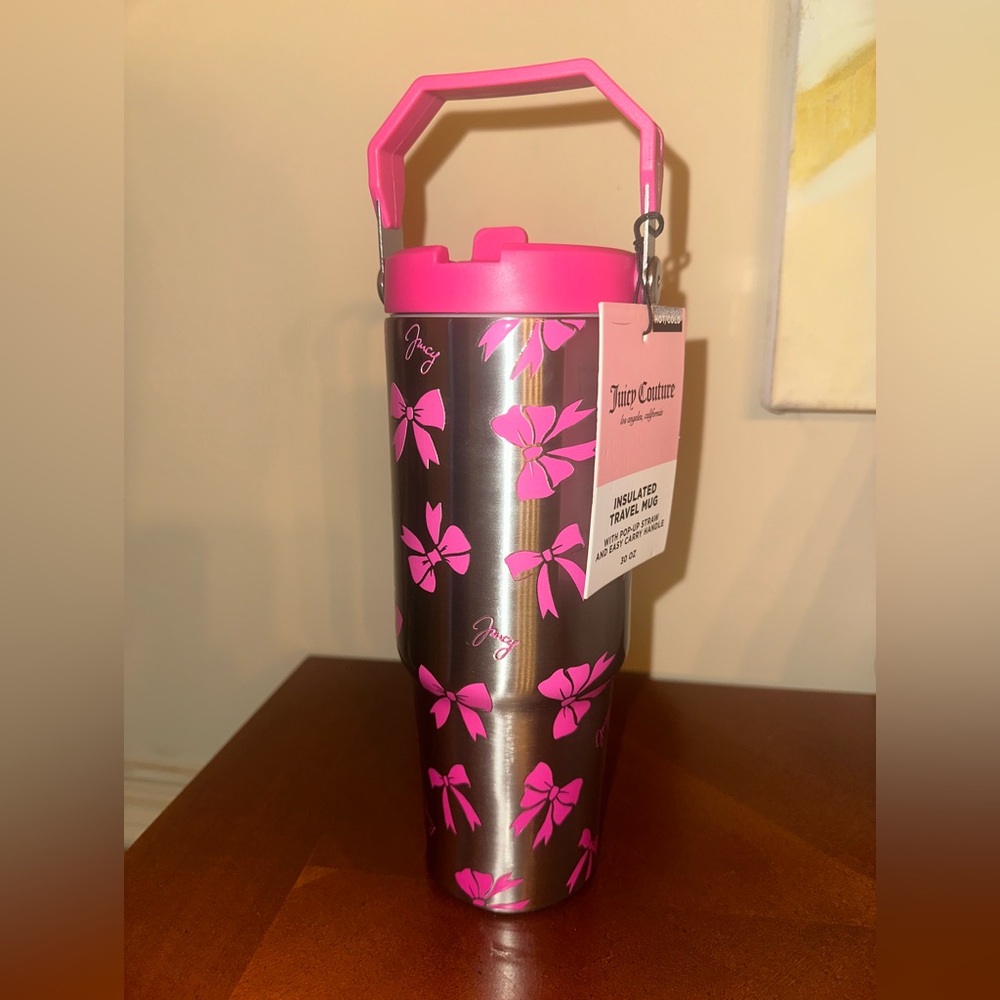 Juicy Couture Silver Travel Tumbler with Hot Pink Bow Print